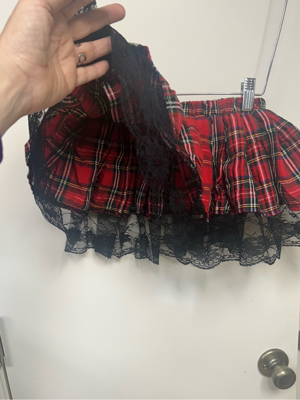 Vintage Leg Avenue Red Plaid Mini Skirt Black Lace pleated goth school girl XS - Picture 2 of 5